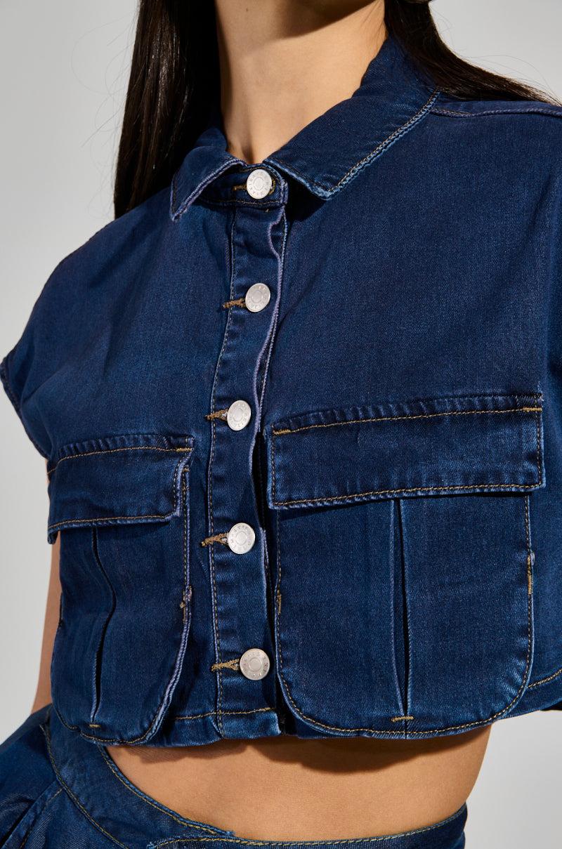 CARRIE BUTTON DOWN DENIM VEST TOP Product Image