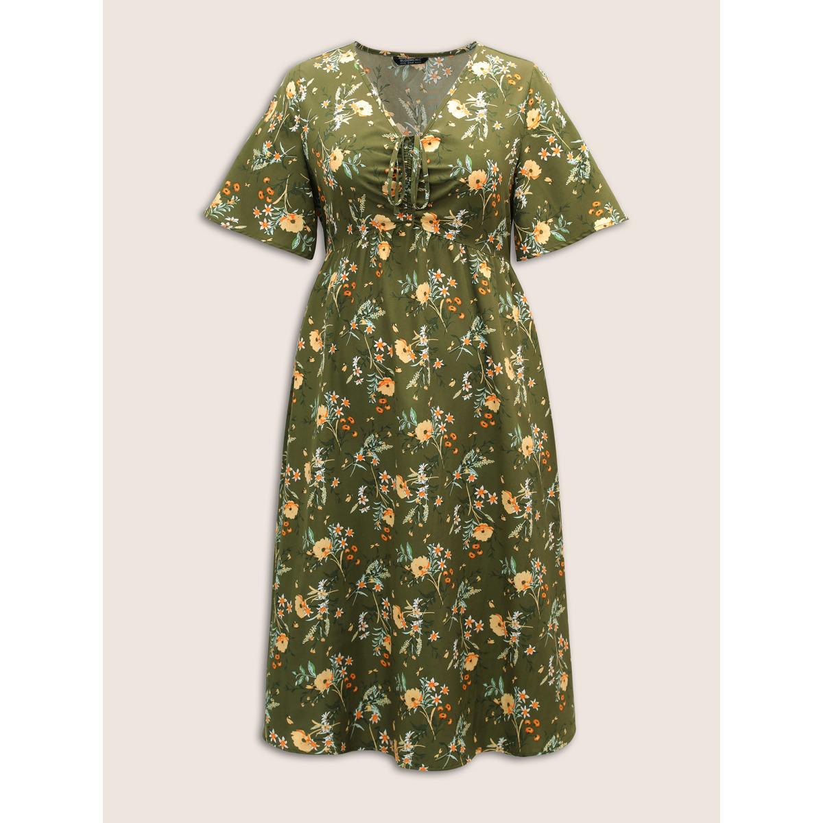 Plus Size Floral Elastic Waist Drawstring Pocket Dress Moss Women Elegant Non V-neck Short sleeve Curvy Midi Dress BloomChic 10/M Product Image