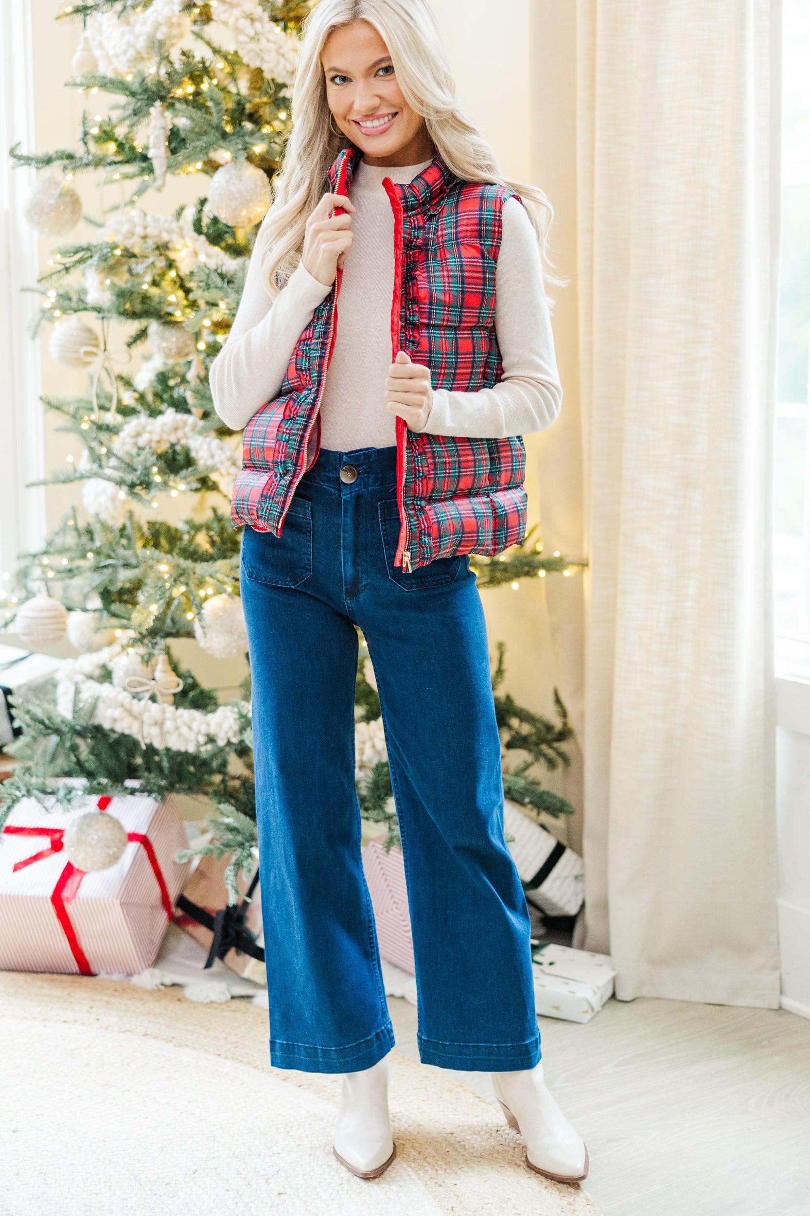 Oh So Merry Red Plaid Puffer Vest Female Product Image