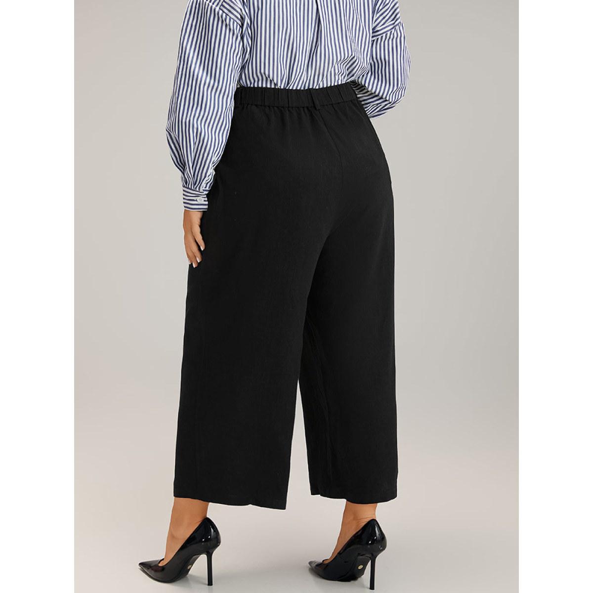 Plus Size Plain Pocket Straight Leg Pants Women Black Office Straight Leg High Rise Office Pants BloomChic 12/L Product Image