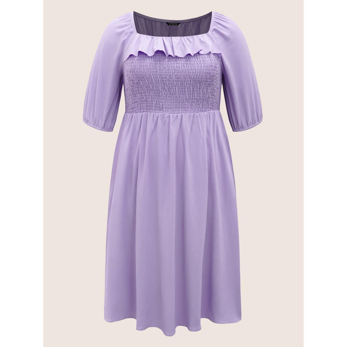 Plus Size Square Neck Solid Ruffle Trim Shirred Dress Lavender Women Elegant Shirred Square Neck Half Sleeve Curvy BloomChic 28/5X Product Image