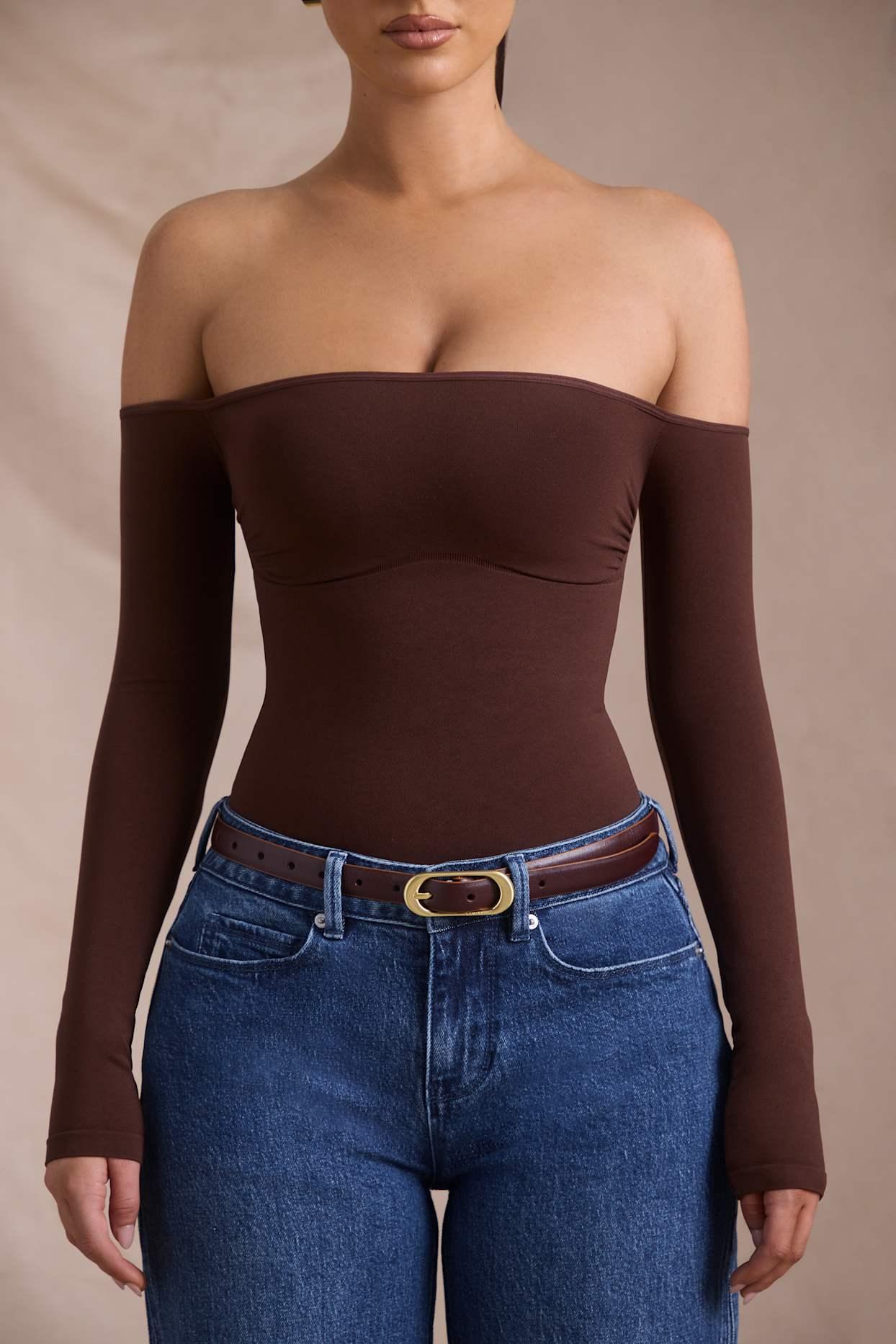 Seamless Off-Shoulder Long-Sleeve Bodysuit in Espresso Product Image