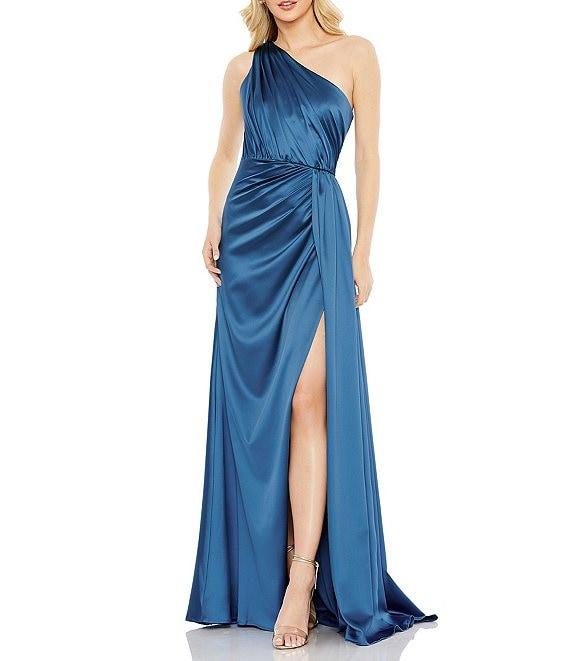 Mac Duggal Sleeveless Pleated One Shoulder Thigh High Slit Satin A-Line Gown Product Image