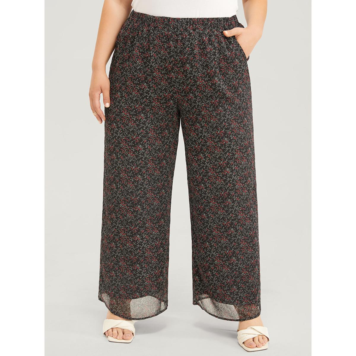 Plus Size Ditsy Floral Pocket Elastic Waist Pants Women Black Elegant Mid Rise Dailywear Pants BloomChic 14-16/1X Product Image