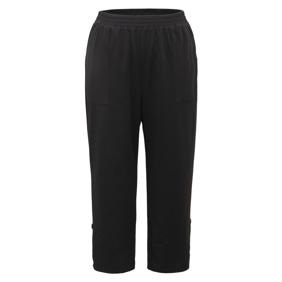 Plain Elastic Waist Button Detail Sweatpant Black Plus Size Women Casual Dailywear Plain 10/M Bloomchic Product Image
