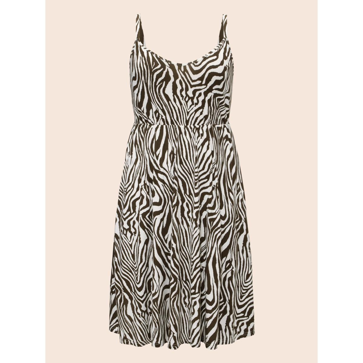 Plus Size Zebra Print Midi Cami Dress Browncoffeecolor Women Casual Non V-neck Sleeveless Curvy BloomChic 26/4X Product Image
