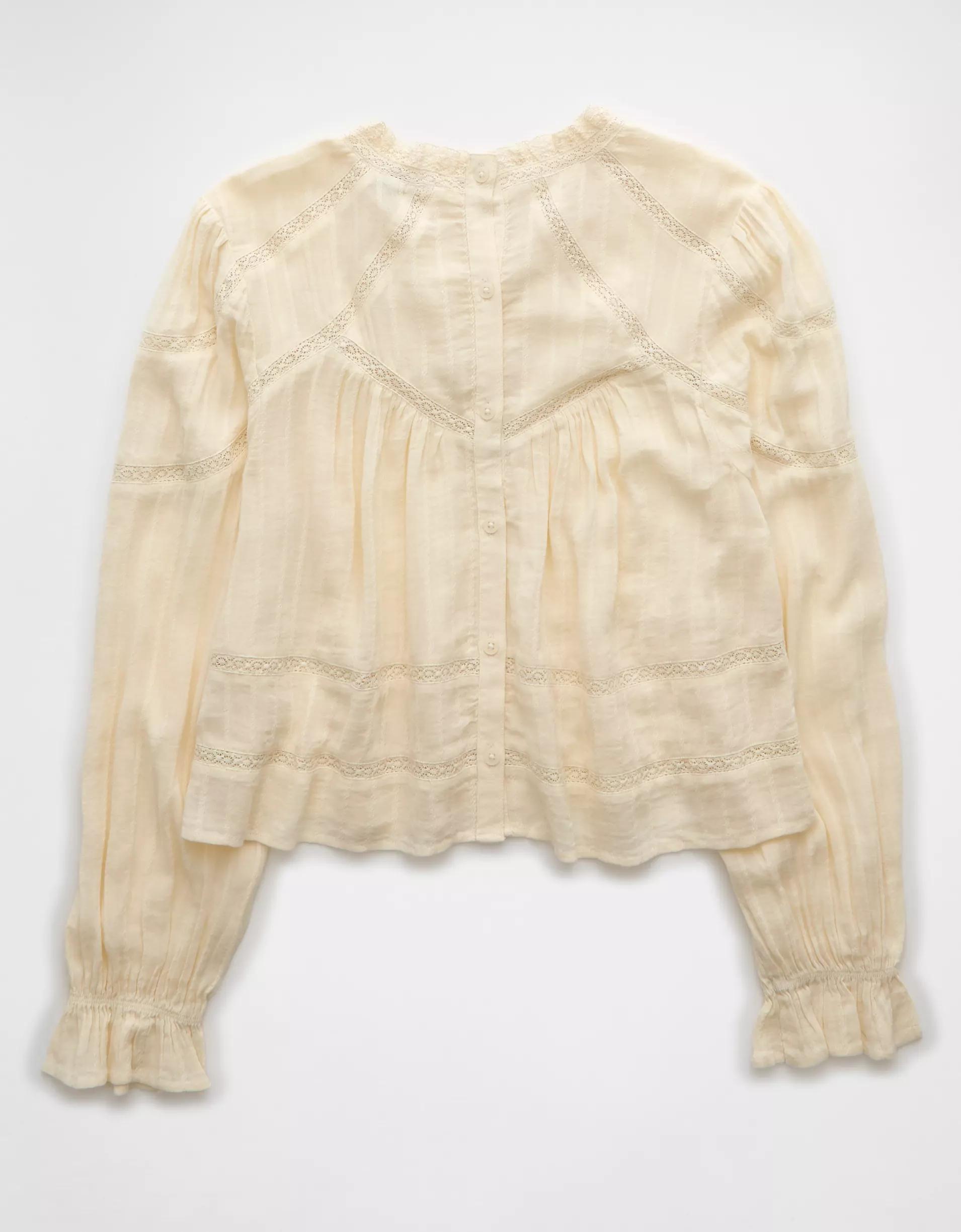 AE Long-Sleeve High Neck Lace Babydoll Top Product Image