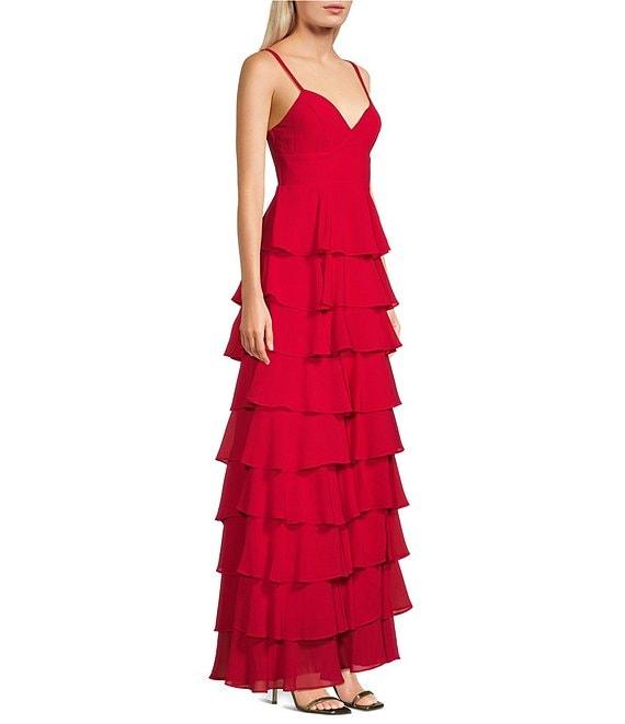 B. Darlin Chiffon Double Spaghetti Strap V-Neck Tiered Ruffle Long Dress Product Image