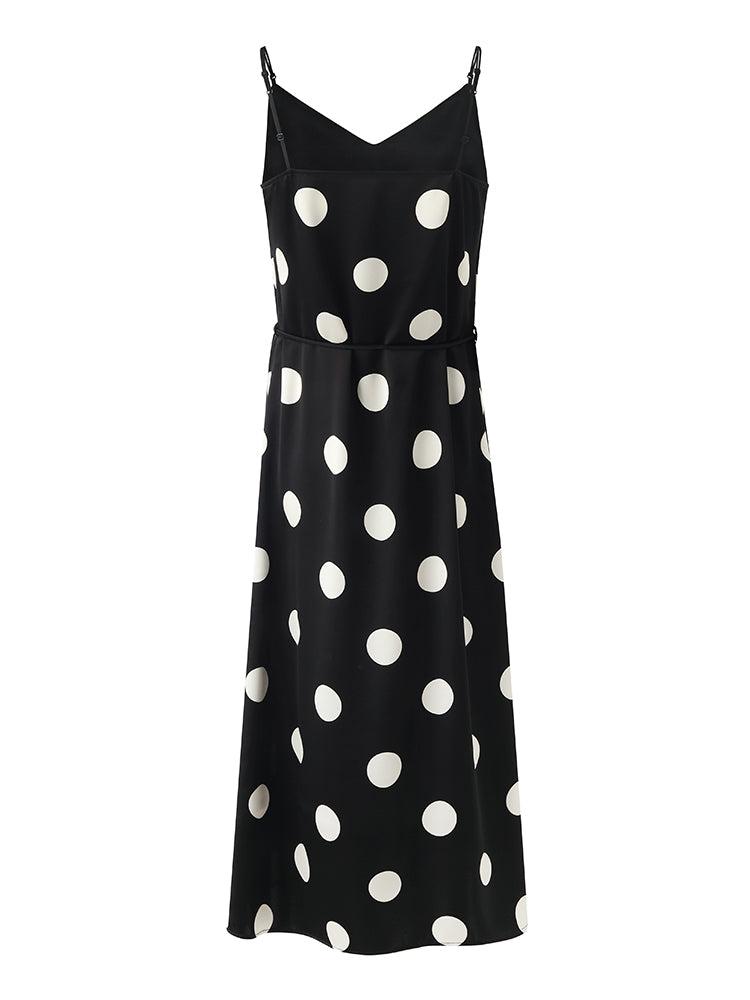 Acetate Polka Dots Print Spaghetti Strap Women Midi Dress With Rose Be Product Image