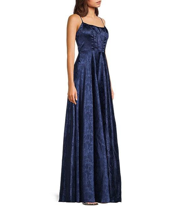 B. Darlin Sleeveless Spaghetti Strap Scoop Neck Back Lace Up Long Dress Product Image