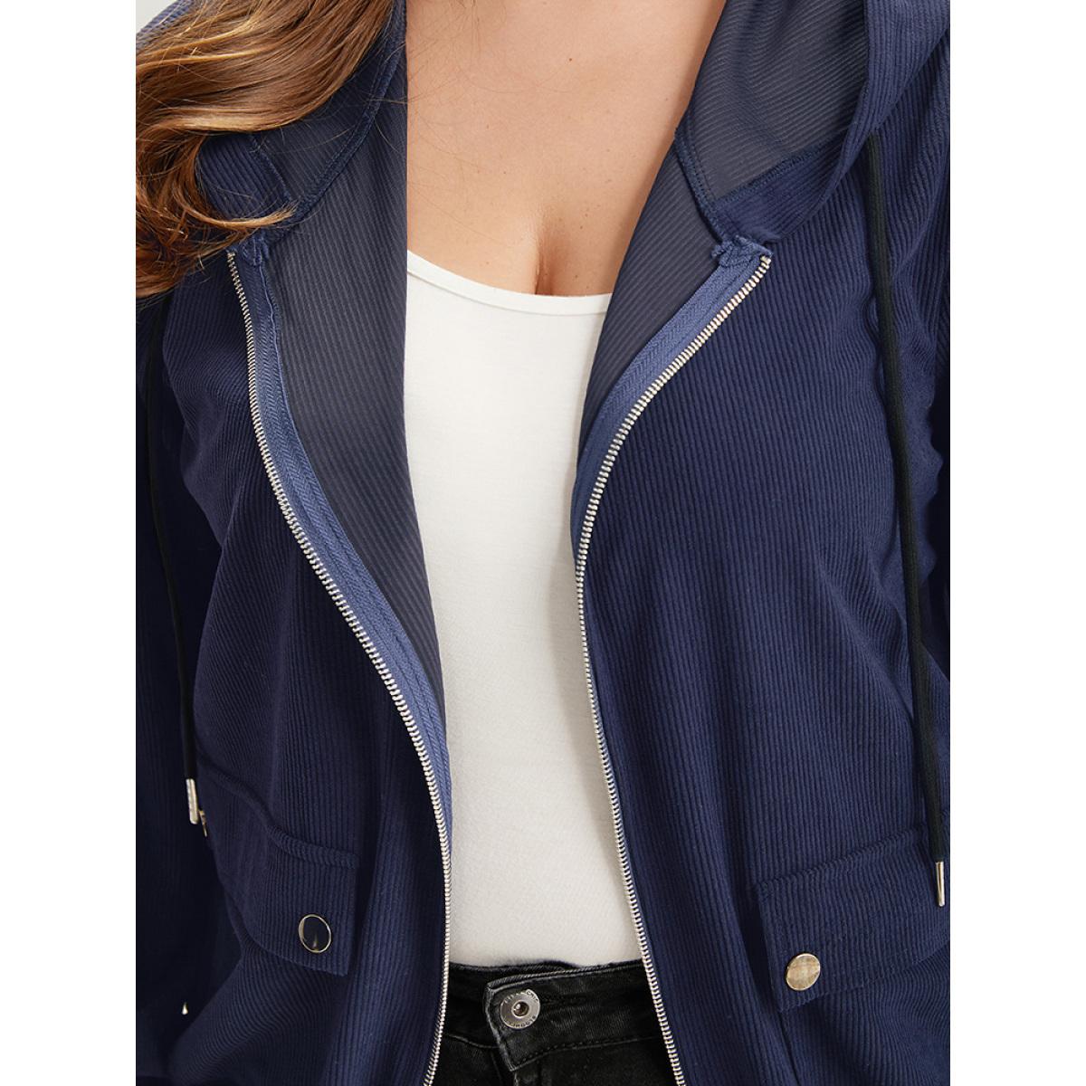 Plus Size Halloween Solid Flap Pocket Hooded Drawstring Jacket Women Indigo Texture Loose Pocket Dailywear Jackets BloomChic 26/4X Product Image