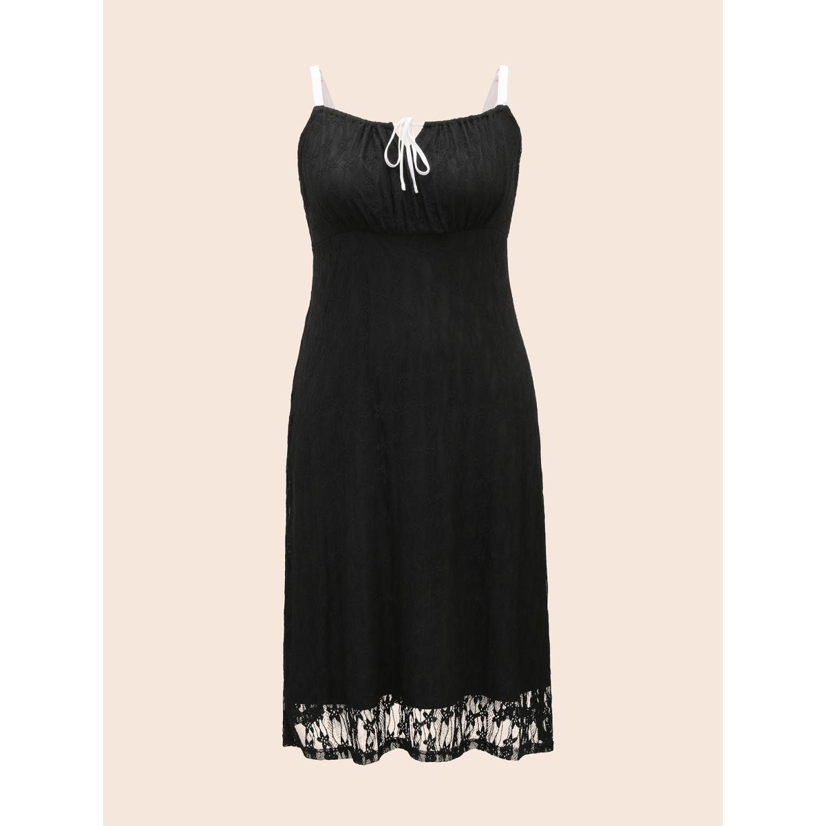 Plus Size Contrast Tie Knot Lace Panel Cami Dress Black Women Elegant Woven ribbon&lace trim Square Neck Sleeveless Curvy BloomChic 14-16/1X Product Image