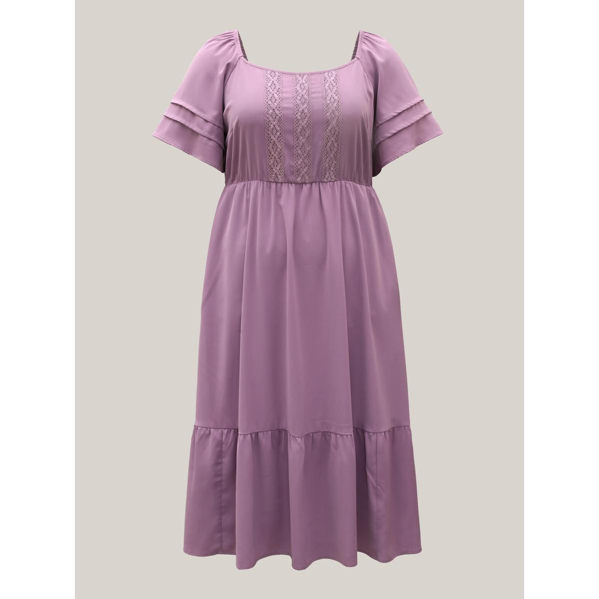 Plus Size Lace Trim Pockets Stretchy Waist Tiered Dress Heather Women Elegant Tucked seam Square Neck Short sleeve Curvy BloomChic 12/L Product Image