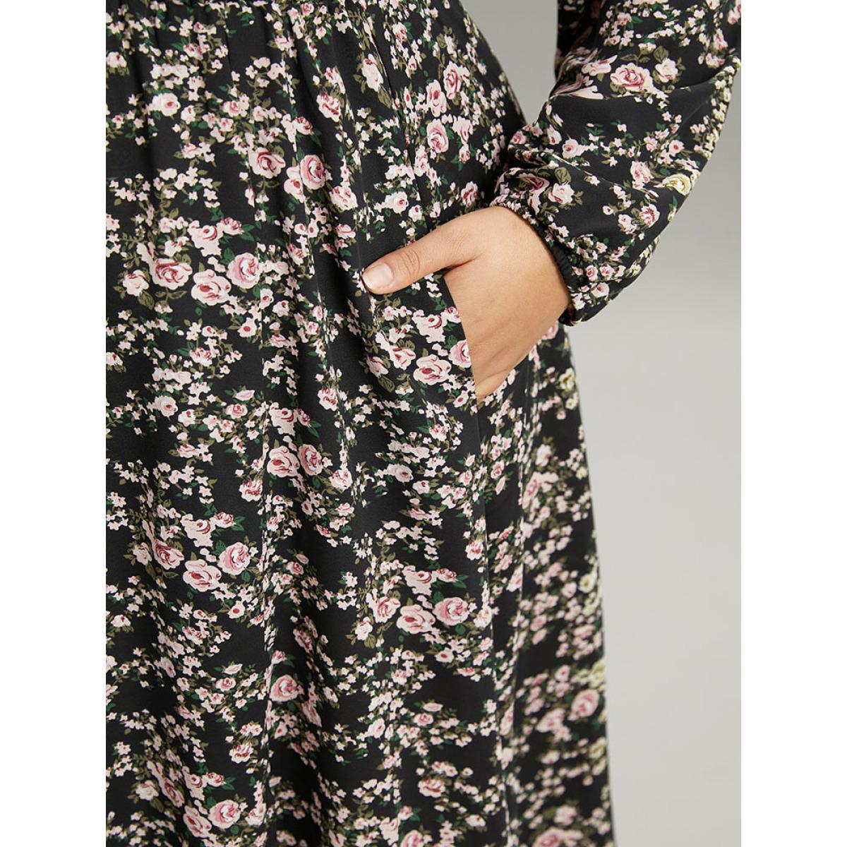 Plus Size Ditsy Floral Pocket Plicated Detail Split Side Dress Black Women Elegant Elastic cuffs Square Neck Long Sleeve Curvy Midi Dress BloomChic 22-24/3X Product Image