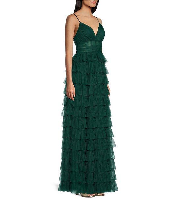 B. Darlin Spaghetti Strap V-Neck Ruffle Long Mesh Dress Product Image