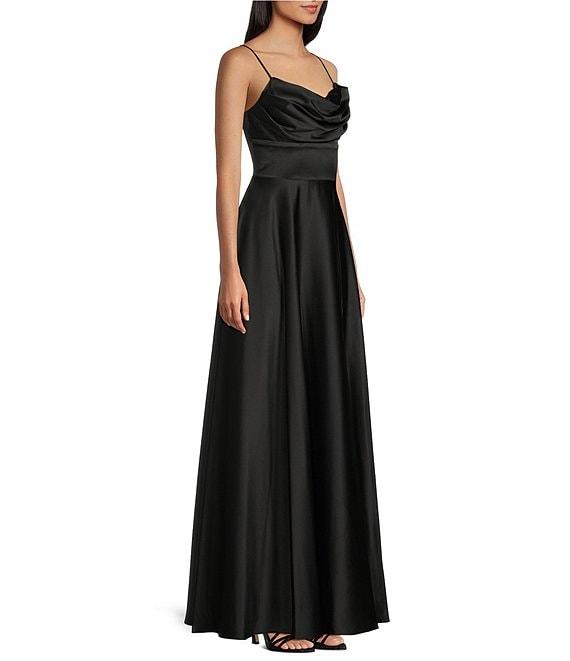 Next Up Satin Cowl Neck Corset Front Slit Long Dress Product Image