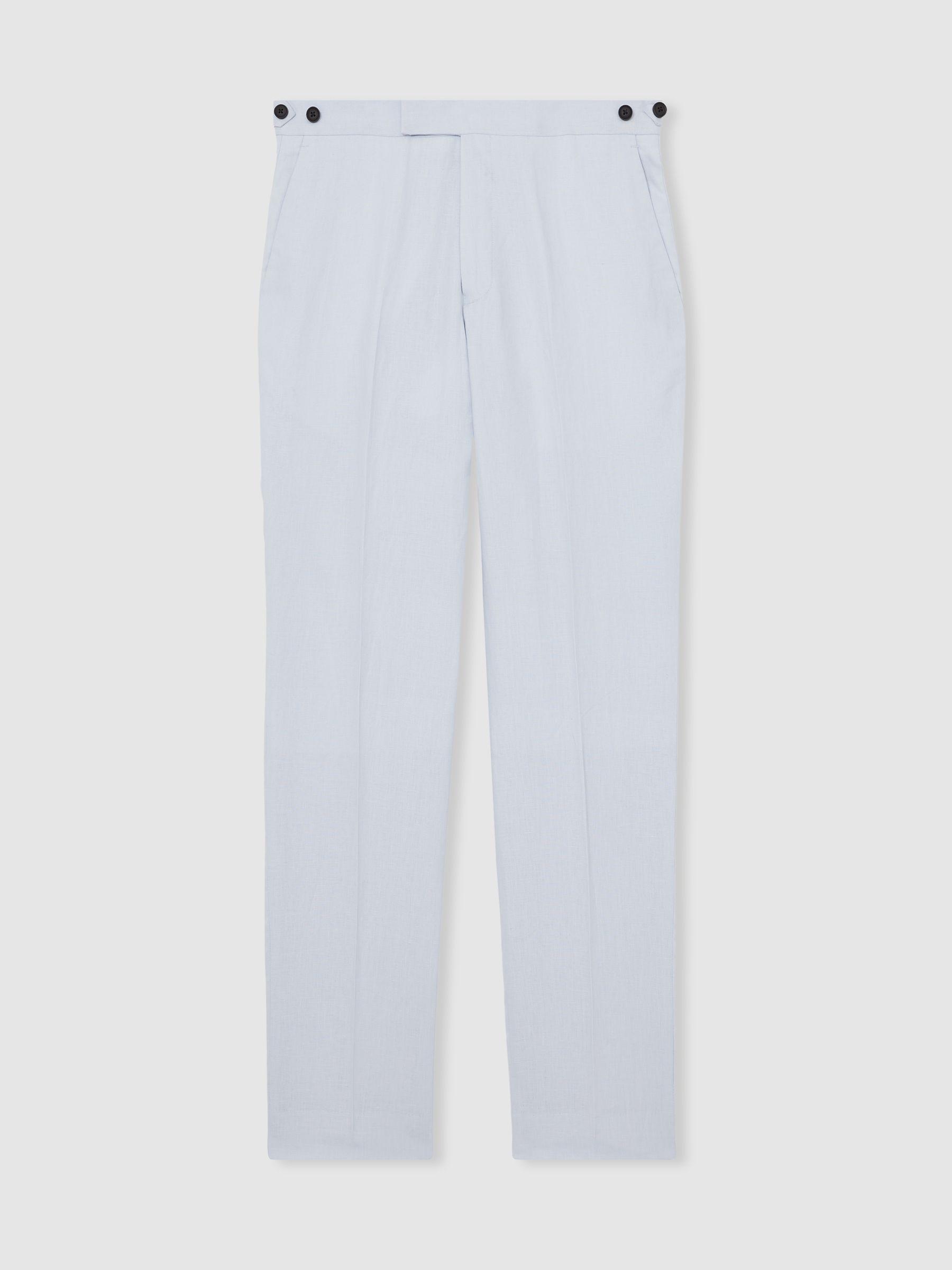 Slim Fit Linen Adjuster Trousers in Soft Blue Product Image