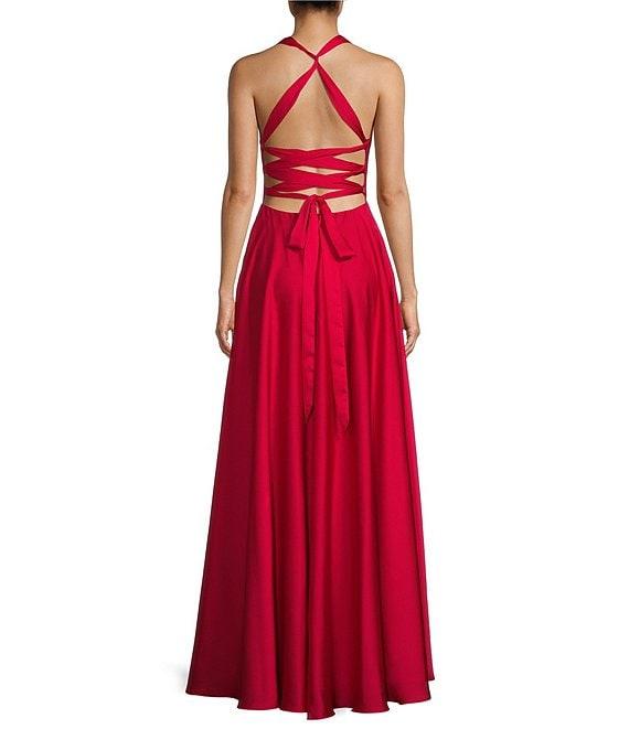 B. Darlin Bubble Satin Deep V-Neck Wide Strap Dress Product Image