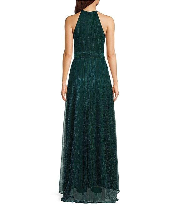 Betsy & Adam Petite Size Metallic Crinkle Halter Neck Sleeveless Gown Product Image