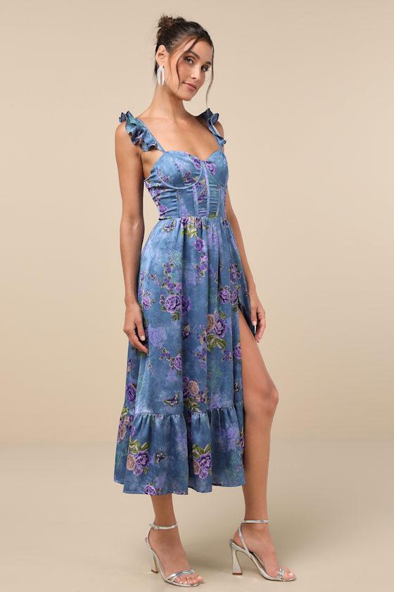 Sweet Like Sangria Blue Floral Ruffled Bustier Midi Dress Product Image