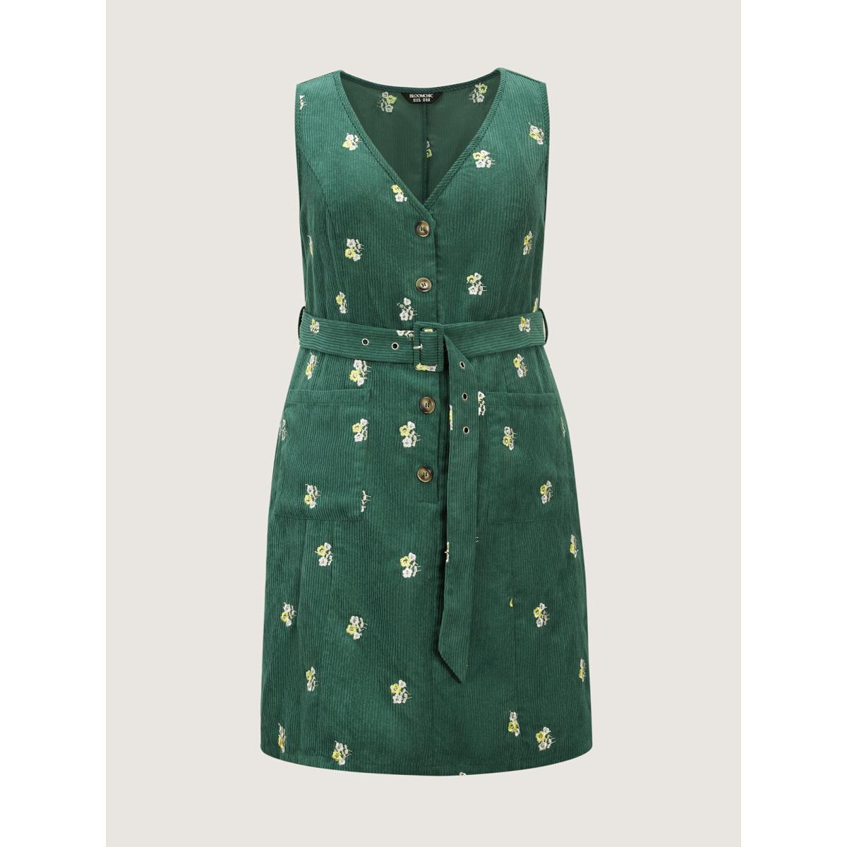 Plus Size Floral Embroidered Belted Waist Midi Dress Teal Women Playful Belted V-neck Sleeveless Curvy BloomChic 14-16/1X Product Image