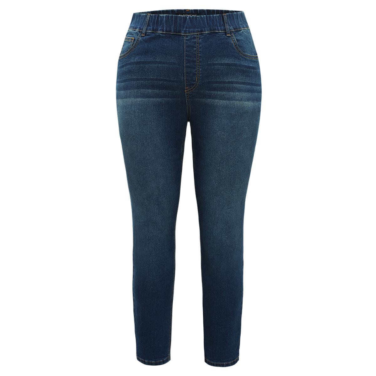 Plus Size Dark Wash Skinny Elastic Waist Jeans Women Blue Casual Plain Plain High stretch Pocket Jeans BloomChic 18/2X Product Image