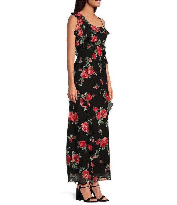WAYF Floral Draped Ruffle V Neck Sleeveless Maxi Dress Product Image