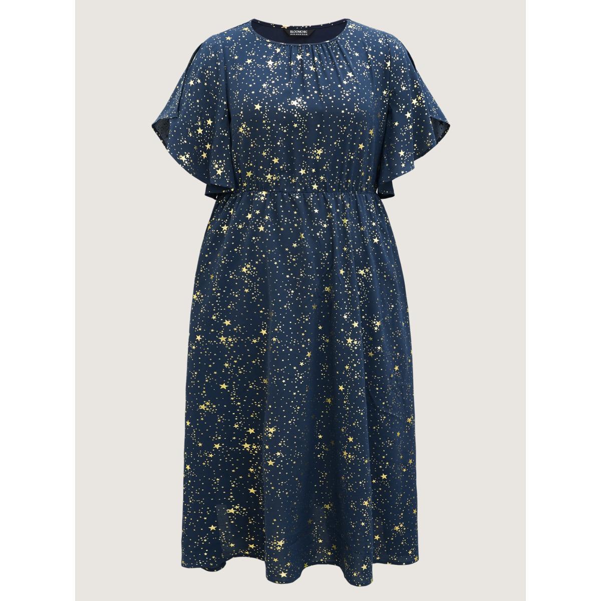 Plus Size Glitter Star Split Sleeve Midi Dress DarkBlue Women Timeless Gathered Round Neck Short sleeve Curvy BloomChic 18-20/2X Product Image