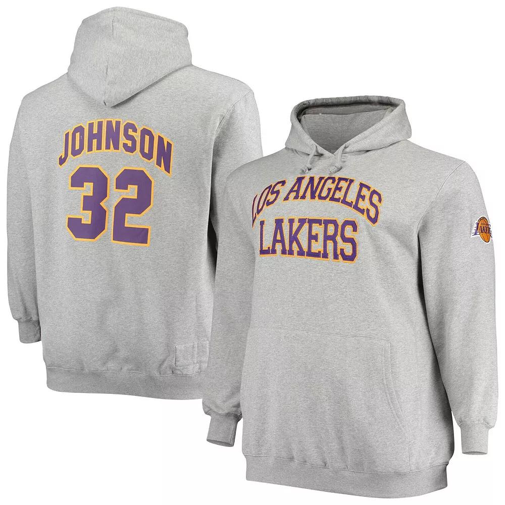 Men's Mitchell & Ness Magic Johnson Heathered Gray Los Angeles Lakers Big & Tall Name & Number Pullover Hoodie, Size: 4XLT, Grey Product Image
