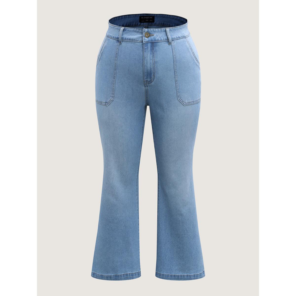Plus Size Classic Flared Hem Mid-Rise Jeans Women Midblue High stretch Slanted pocket Jeans BloomChic 30/6X Product Image