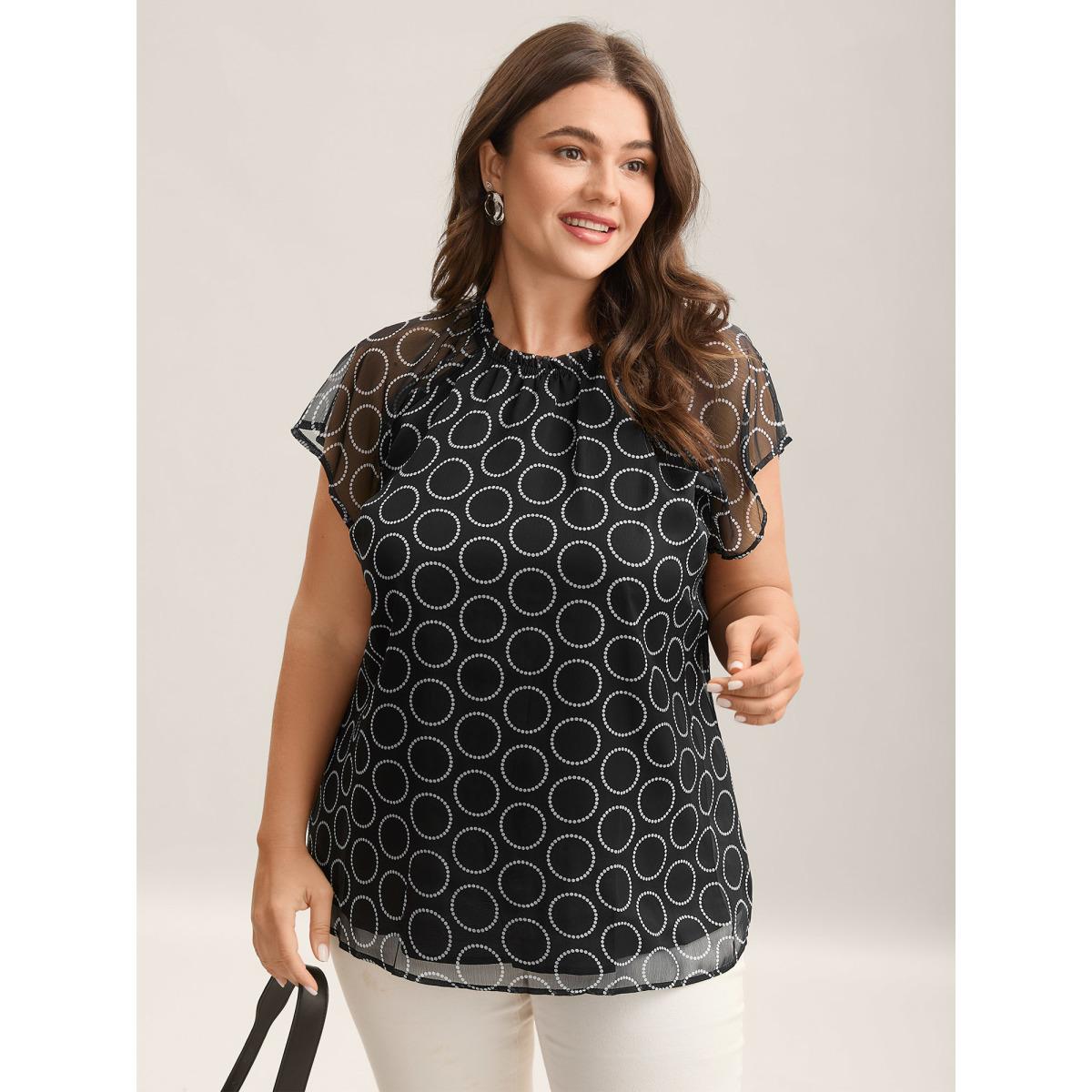 Plus Size Black Polka Dot Mock Neck Mesh Patchwork Blouse Women Workwear Essentials Cap Sleeve Round Neck Work Blouses BloomChic 10/M Product Image