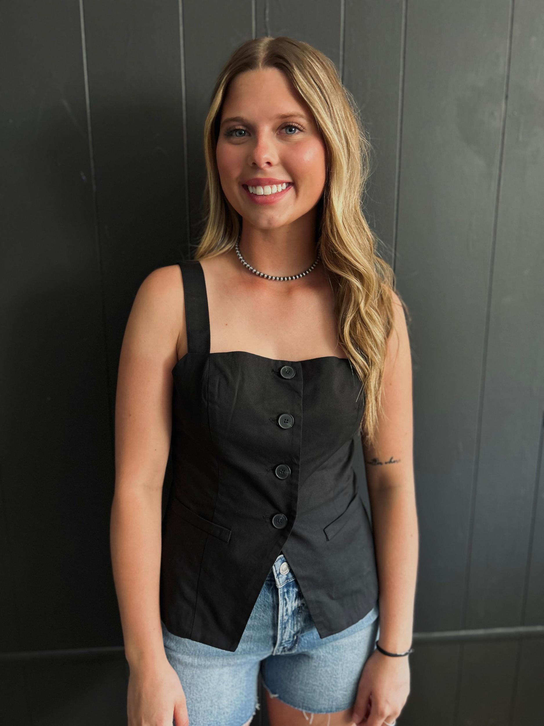 Black Square Neck Sleeveless Button Down Blouse Product Image
