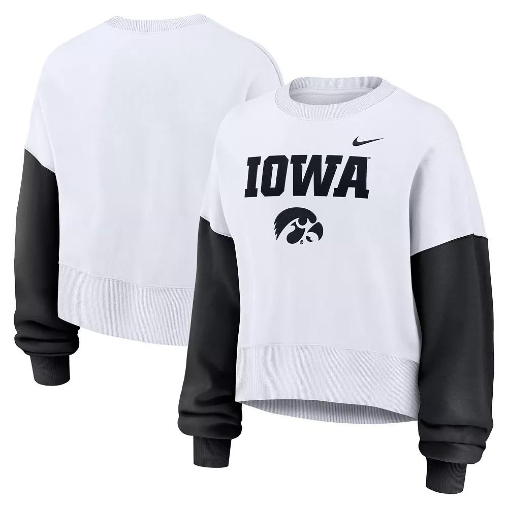 Women's Nike White Iowa Hawkeyes Color-Block Oversized Cropped Pullover Sweatshirt, Size: Large Product Image