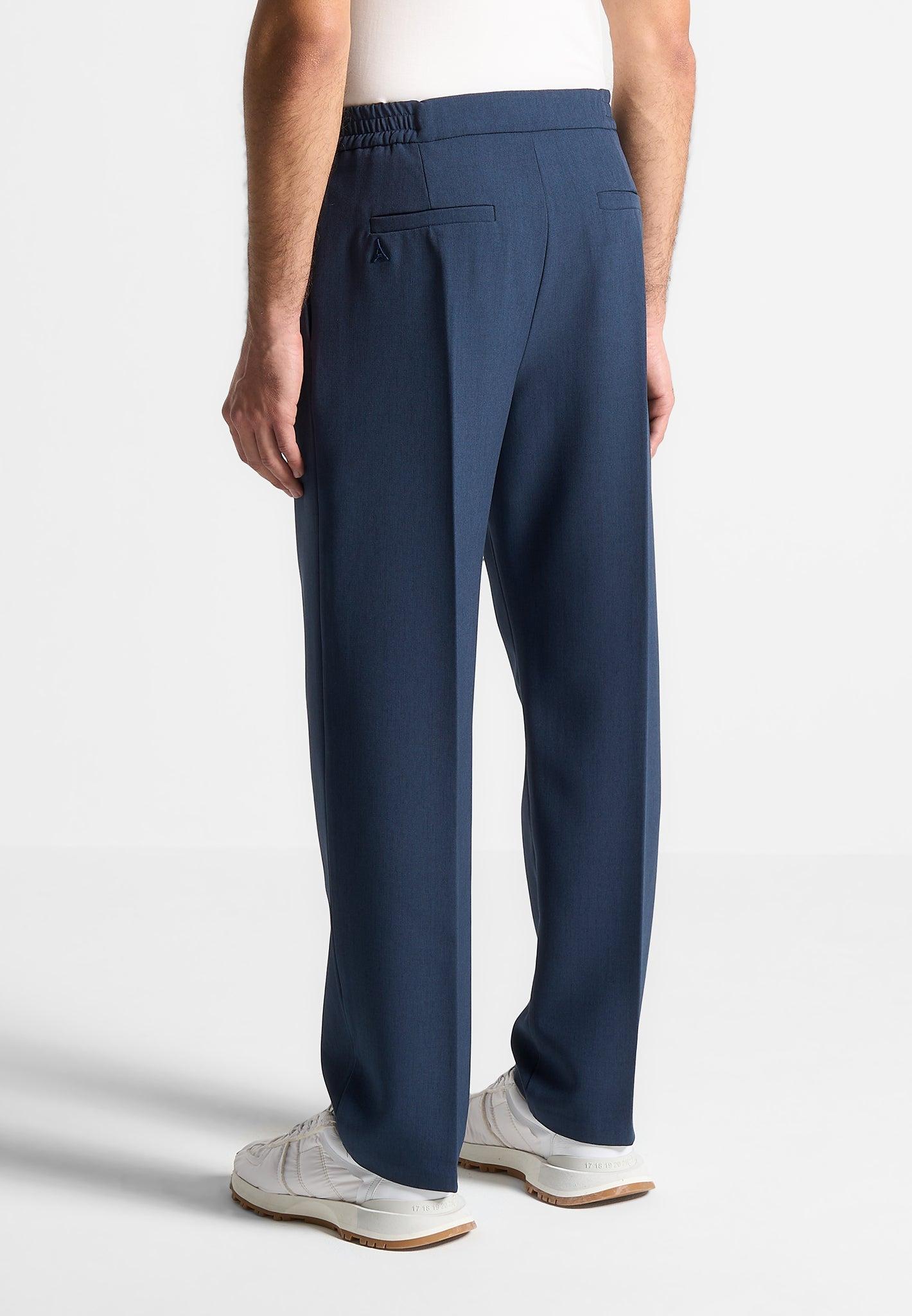 Relaxed Fit Hatched Pleated Tailored Trousers - Blue Male Product Image