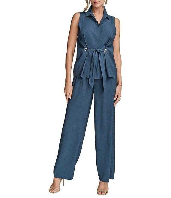 Donna Karan Sleeveless Button Front Tie Waist Top Product Image