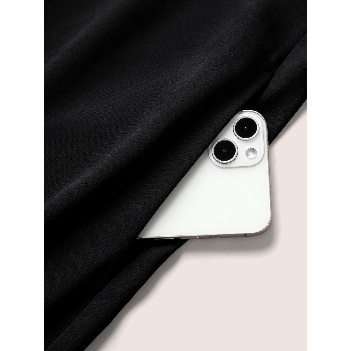 Plus Size Satin Overlap Collar Ruffles Cami Dress Black Women Formal Ruffles V-neck Sleeveless Curvy BloomChic 12/L Product Image