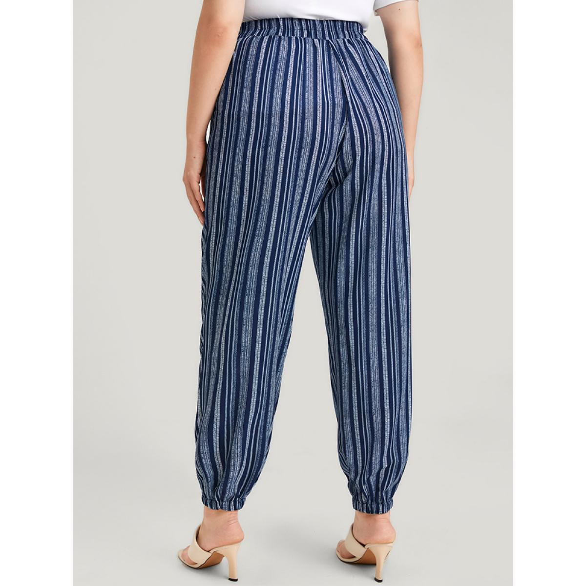 Plus Size Striped Elastic Waist Pocket Ties Pants Women DarkBlue Casual Mid Rise Dailywear Pants BloomChic 10/M Product Image