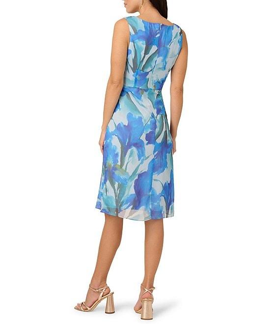 Adrianna Papell Chiffon Floral Print V Neck Sleeveless Front Drape A-Line Midi Dress Product Image