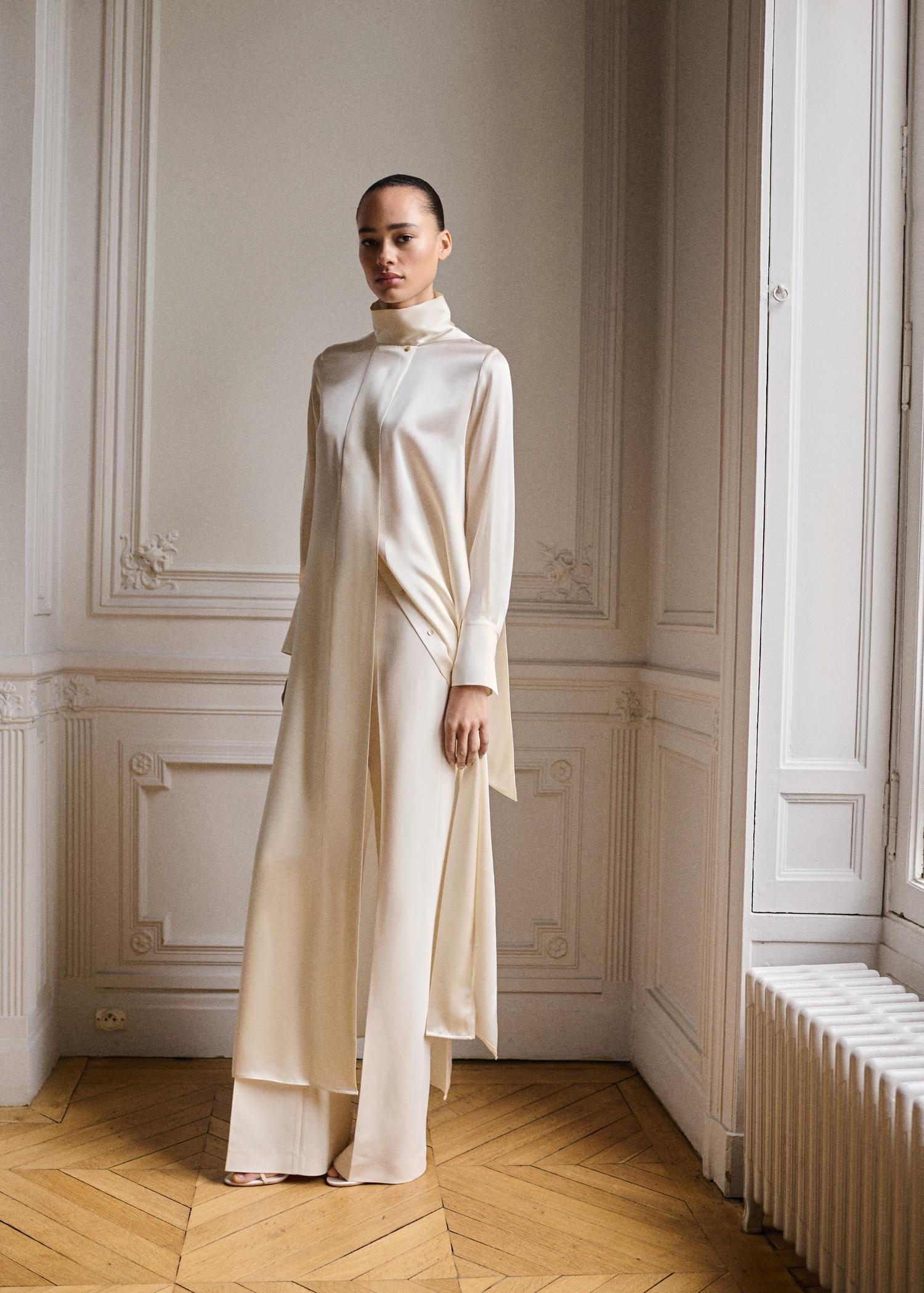 Cape-style silk dress with bow neck - Women | MANGO USA Product Image