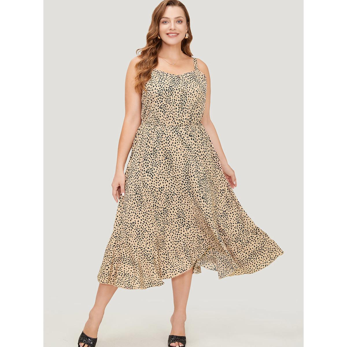 Plus Size Leopard Print Flutter Hem Pocket Adjustable Straps Cami Dress Multicolor Women Elegant Adjustable Straps V-neck Sleeveless Curvy Midi Dress BloomChic 28/5X Product Image