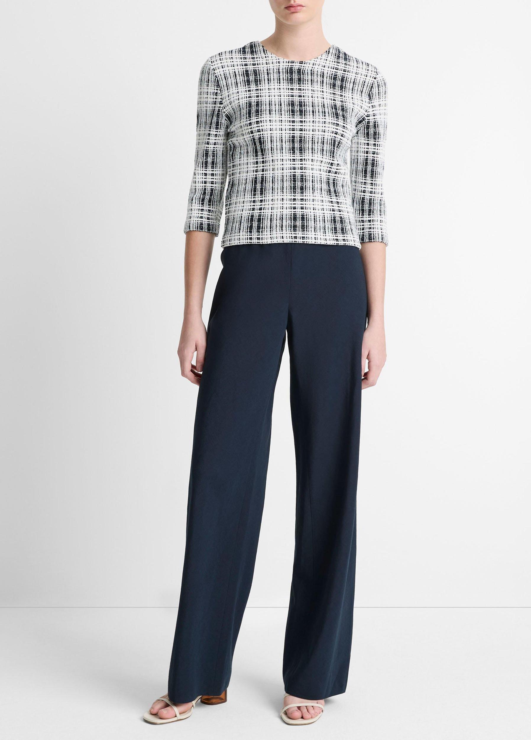 Bouclé Plaid Cotton-Blend Elbow-Sleeve Sweater Product Image