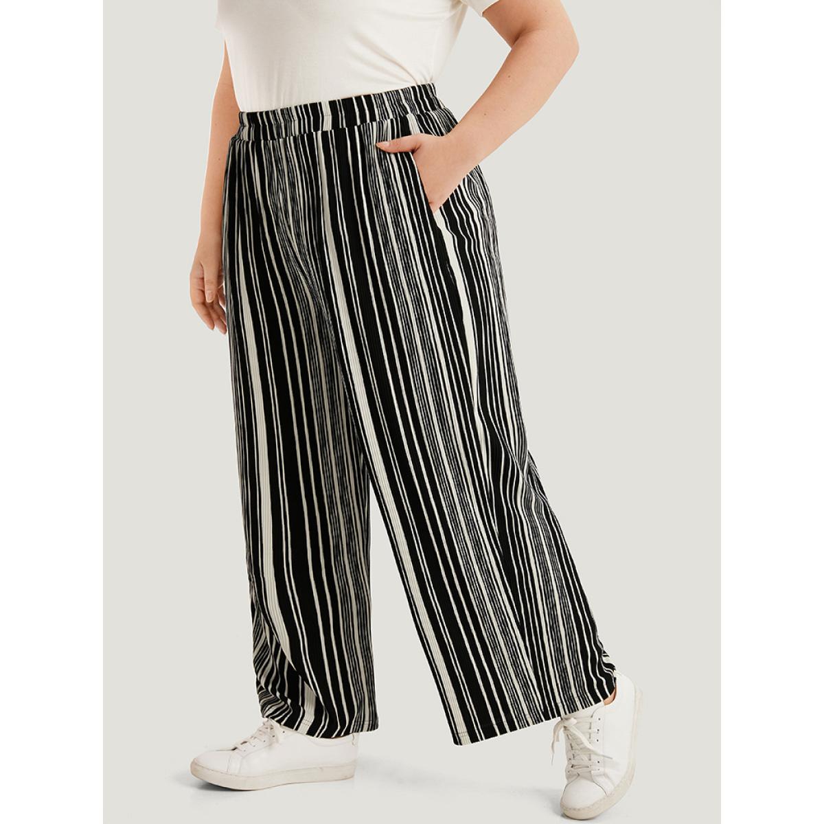 Plus Size Striped Elastic Waist Pocket Loose Pants Women Black Casual Wide Leg High Rise Dailywear Pants BloomChic 30/6X Product Image