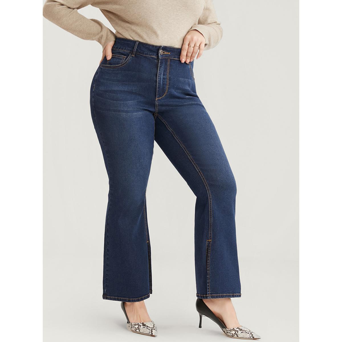 Plus Size Bootcut Very Stretchy High Rise Dark Wash Split Hem Jeans Women DarkBlue Casual Plain Pocket High stretch Side seam pocket Jeans BloomChic 20/2X Product Image