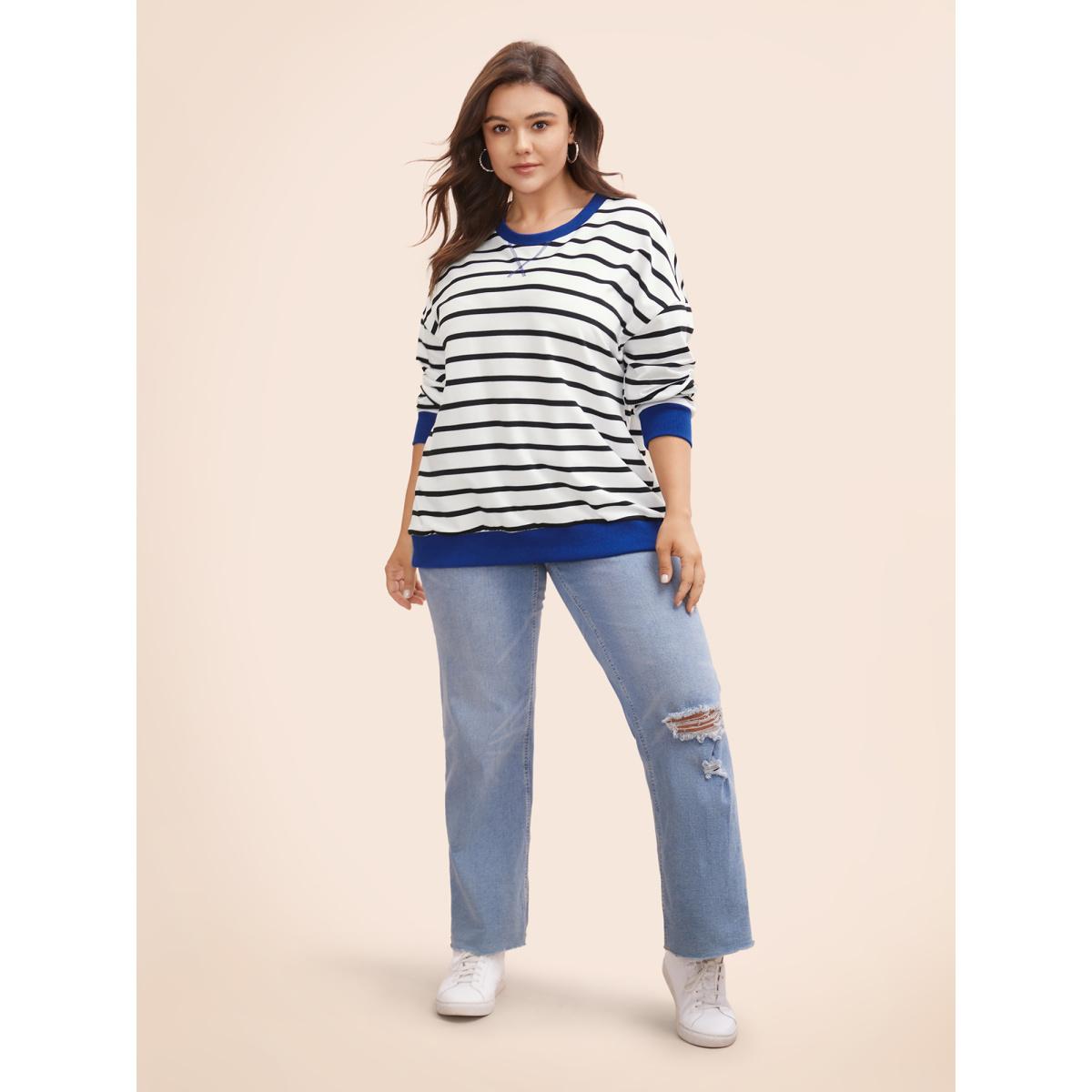 Plus Size Striped Contrast Trim Stitch Sweatshirt Women Black Casual Topstitching Round Neck Everyday Sweatshirts BloomChic 14-16/1X Product Image