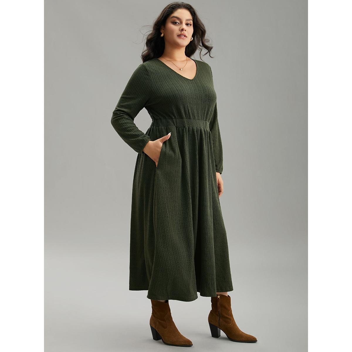Plus Size Plain Plisse Elastic Cuffs Midi Dress ArmyGreen Women Elegant Elastic cuffs V-neck Long Sleeve Curvy Midi Dress BloomChic 26/4X Product Image
