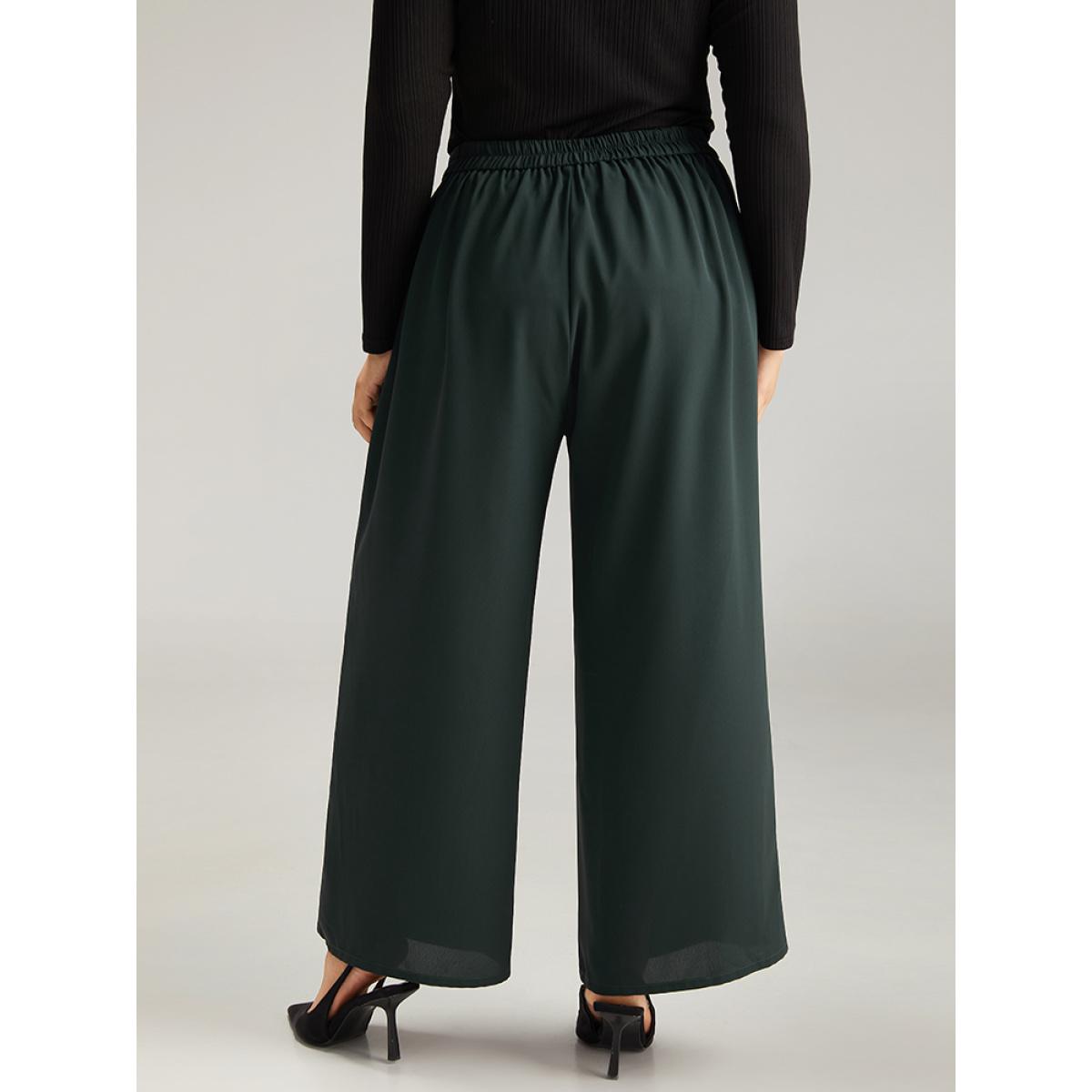 Plus Size Anti-Wrinkle Plain Button Detail Wide Leg Pants Women DarkGreen Office Wide Leg High Rise Work Pants BloomChic 14-16/1X Product Image
