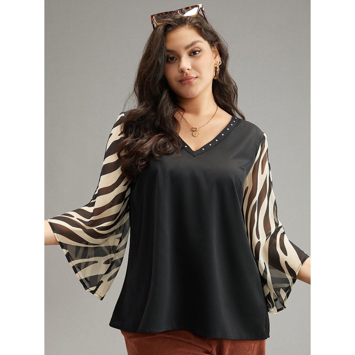 Plus Size Black Zebra Print Chiffon Patchwork Pearl Beaded Blouse Women Elegant Elbow-length sleeve V-neck Dailywear Blouses BloomChic 12/L Product Image