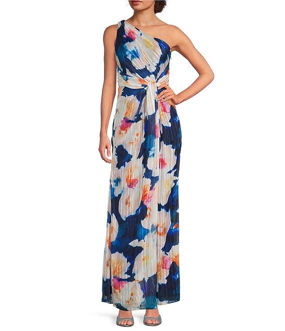 Adrianna Papell Floral Metallic Satin One Shoulder Sleeveless Twist Waist Gown Product Image