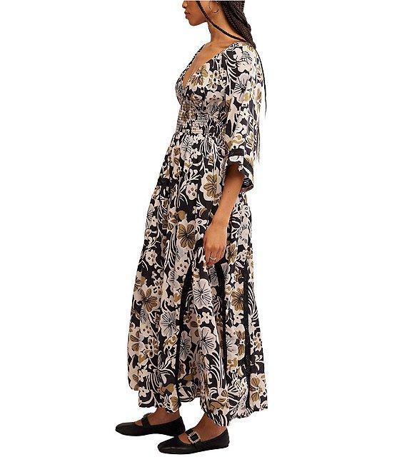 Free People Printed Dixie V Neck 3/4 Sleeve Maxi Dress Product Image