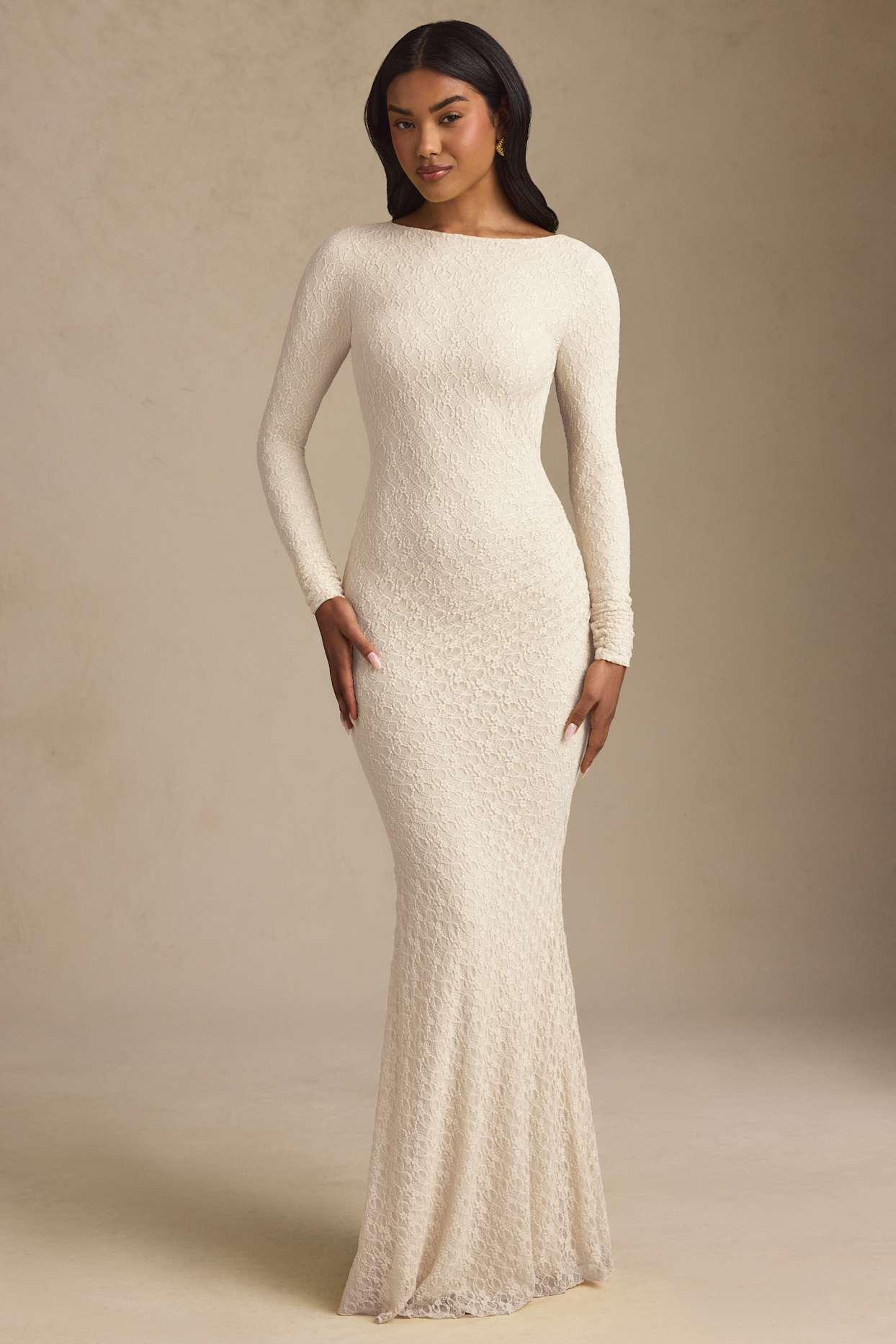 Ruched Backless Lace Maxi Dress in Ivory Product Image